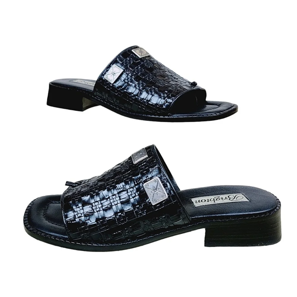 BRIGHTON Sandals Black Basket Weave Leather - 10 Narrow - Nearly New - Picture 1 of 16
